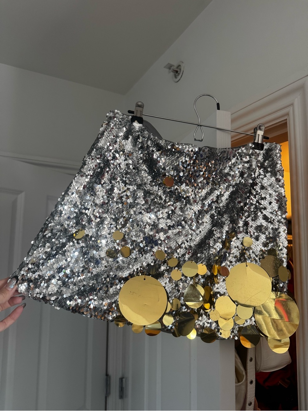 AKIRA Silver Sequin Mini Skirt with Gold Disc Details